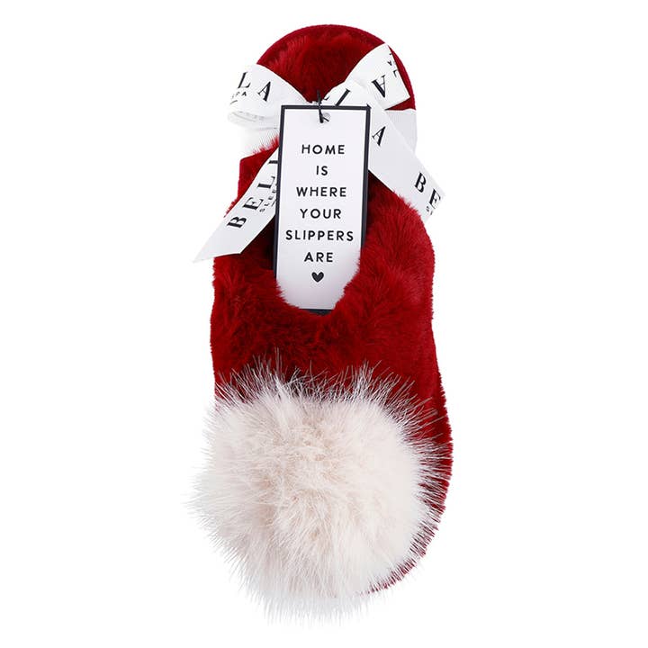 Bella Sleep + Spa - Wholesale Slippers - Women's - Plush Slippers - Burgundy + Beige Pom Pom1
