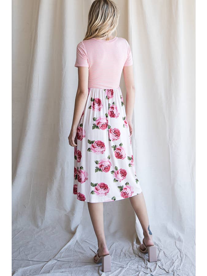 7th Ray - Wholesale Dress - Women's - Floral Waist Tie Short Sleeve A-Line Midi Dress D41999
