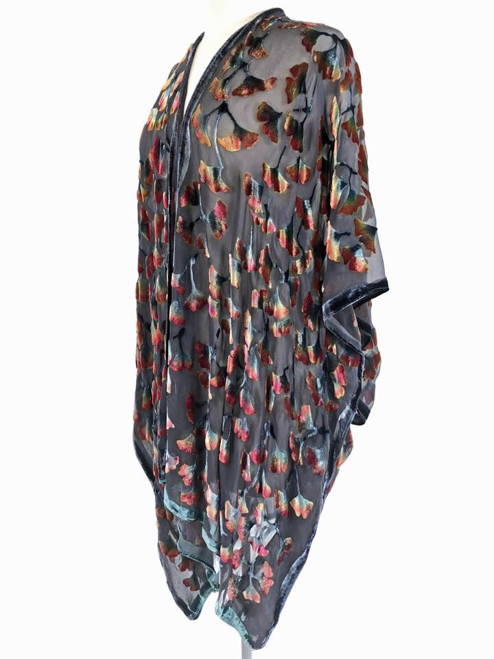 Devoré Velvet Kimono Jacket in Gingkon Earth Tones for wholesale by Sherit Levin Textiles