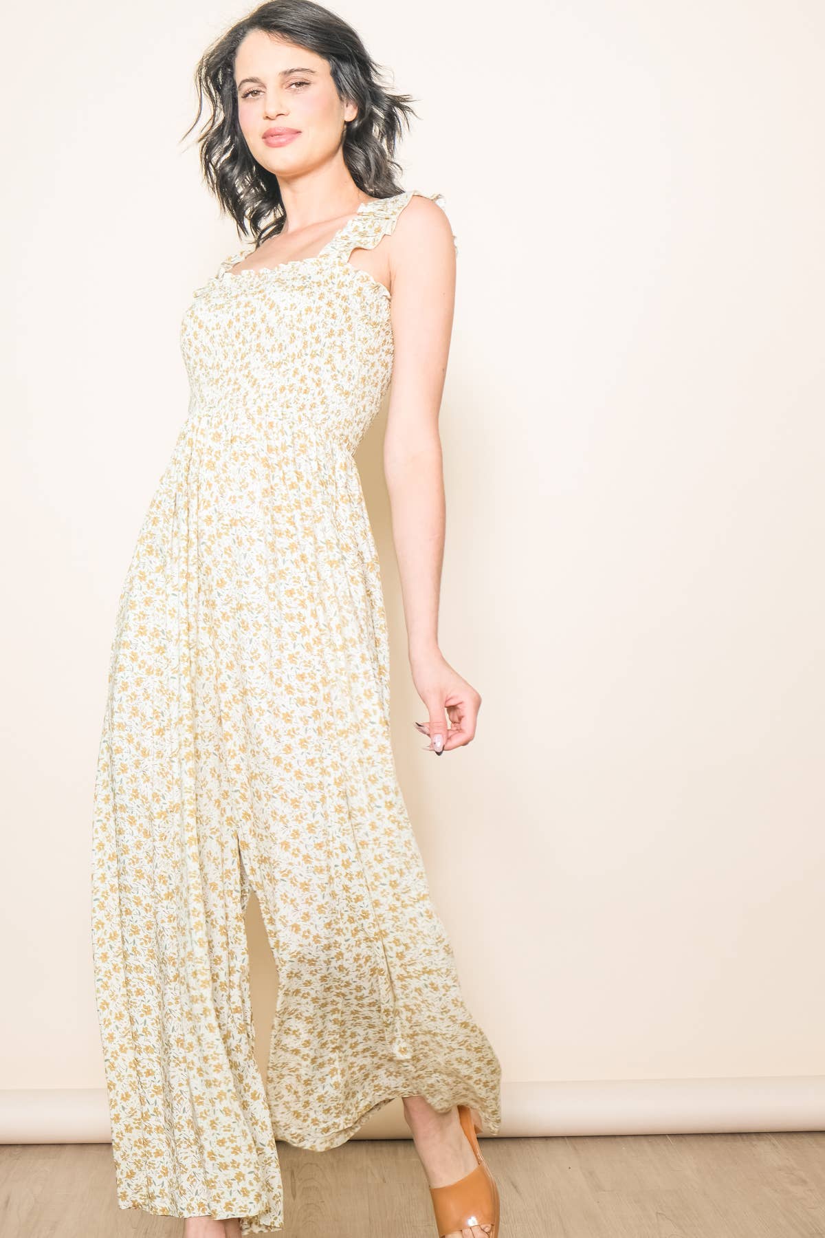 Elloh Collection - Wholesale Jumpsuit - Women's - Super Comfy Ruffle Shoulder Smocked Wide Leg Jumper Jumpsuit1