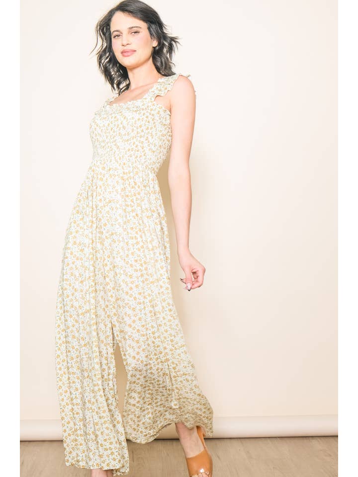 Elloh Collection - Wholesale Jumpsuit - Women's - Super Comfy Ruffle Shoulder Smocked Wide Leg Jumper Jumpsuit1