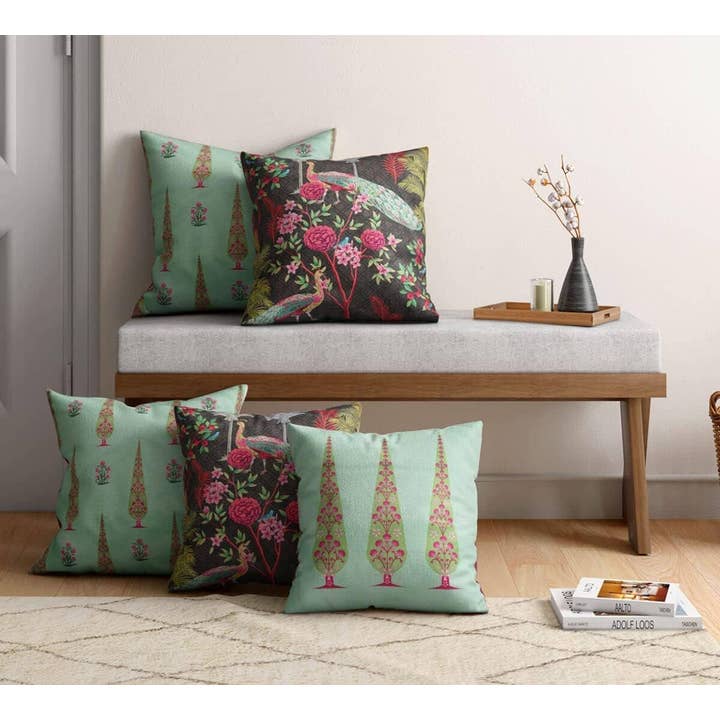 Peacock & Conifer 16" x 16" Velvet Cushion Cover Set of 5 for wholesale by India Circus