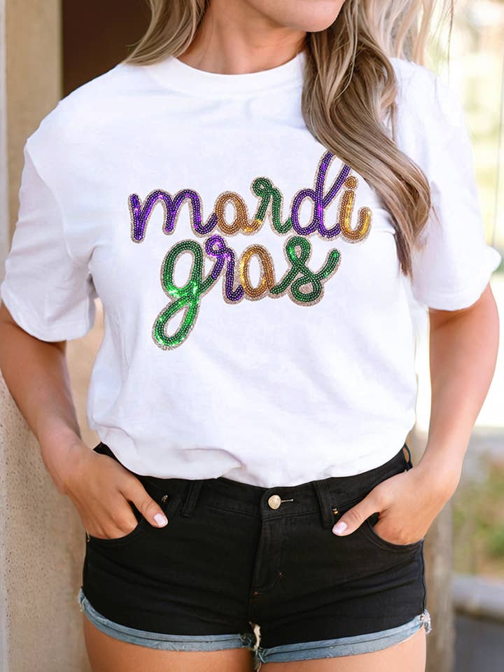 Sequin mardi gras Letter Print Crewneck Tee for wholesale by 1 the Woman