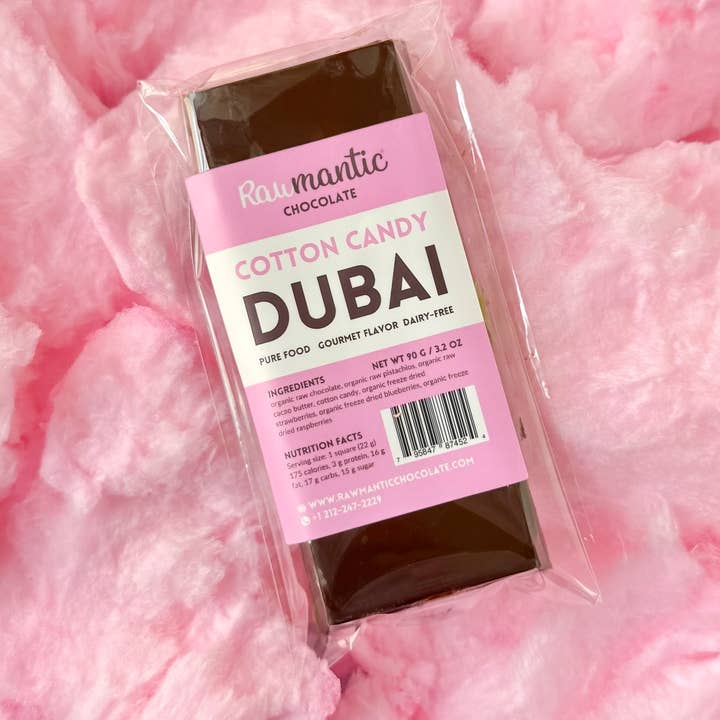 Cotton Candy plant based Dubai chocolate Bar. 90g/Pack of 12 for wholesale by Rawmanticchocolate