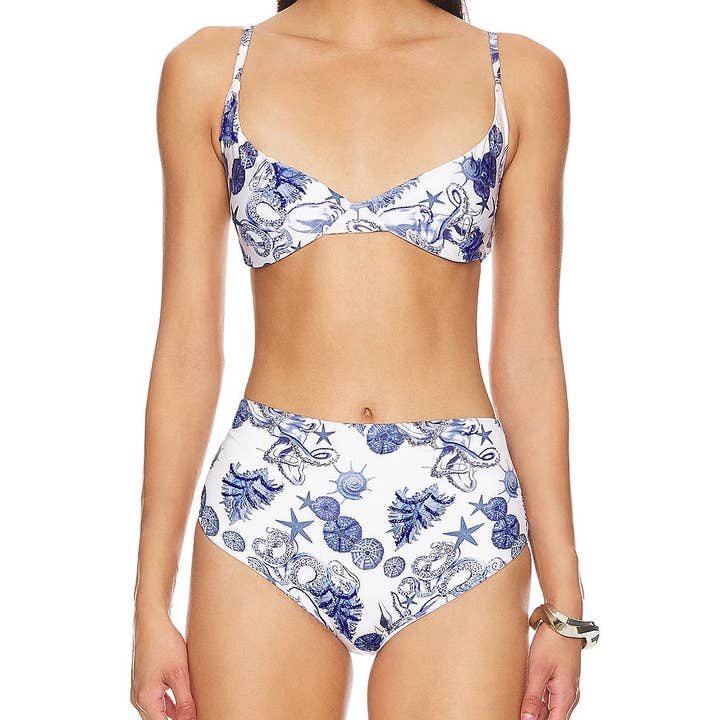 Bruna High Rise Premium Bikini Bottom Blue and White for wholesale by OceanusSwim