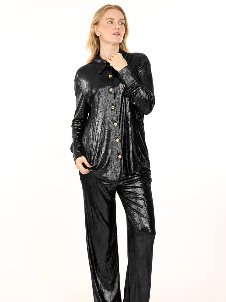 Glossy Metallic Coated Shirt & Pants Set QC6397 for wholesale by Beulah Style