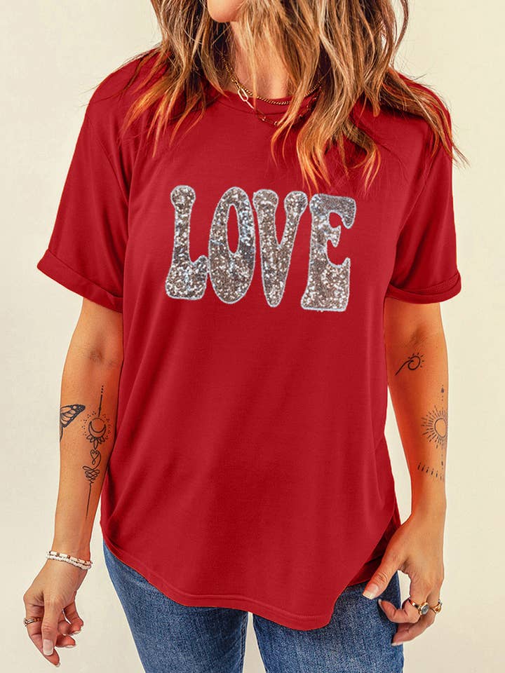 Sequined LOVE Letter Valentines T-shirt for wholesale by 1 the Woman
