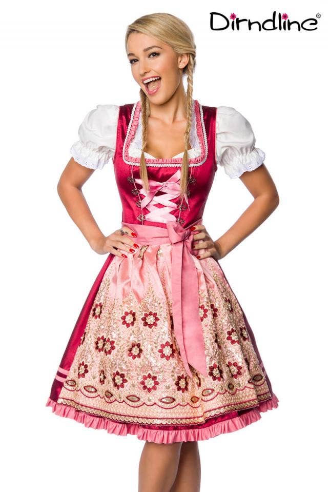 Rose Red Premium Fancy Women's Dirndl Dress with Apron for wholesale on Faire2
