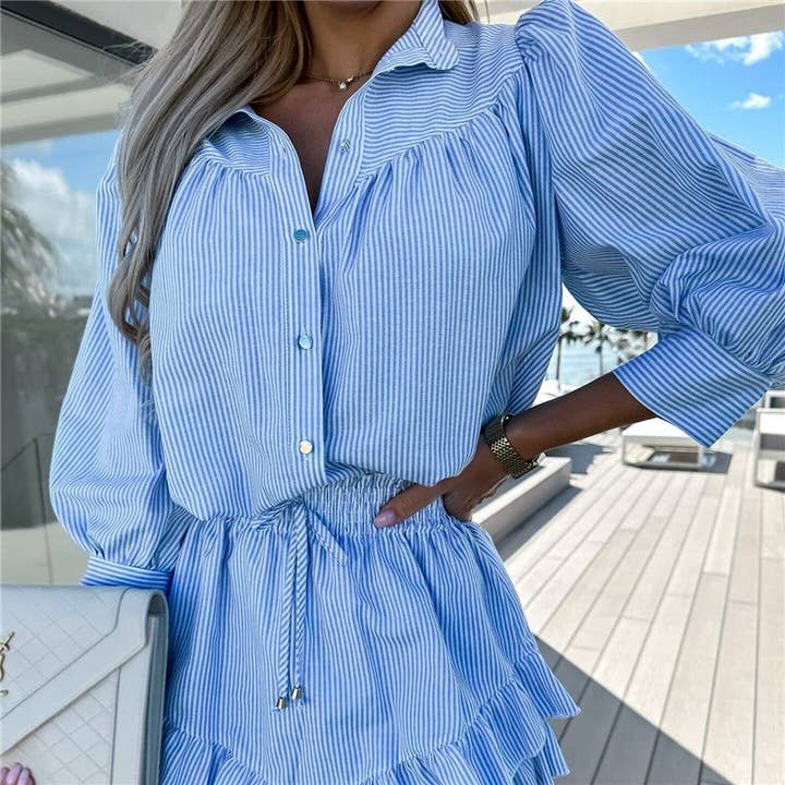 Sheer Trend - Wholesale Top & Skirt Set - Women's - Fashionable Striped 7/8 Sleeve Shirt And Skirt Set