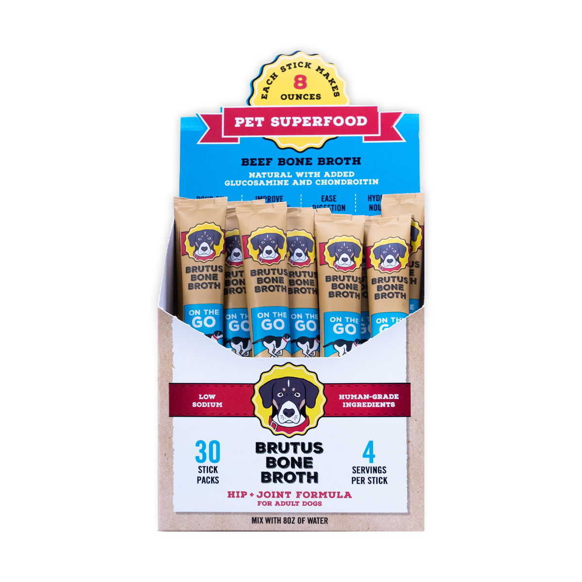 Brutus Broth - Wholesale Pet Food - Dog - Brutus Broth Instant Broth Beef 30 Stick Point of Sale Pack4