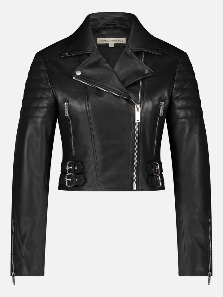 Cecilia | Veste de moto en cuir noir et rouge pour femme pour la vente par Amsterdam Heritage Leather Belts, Bags, Jackets & Apparel