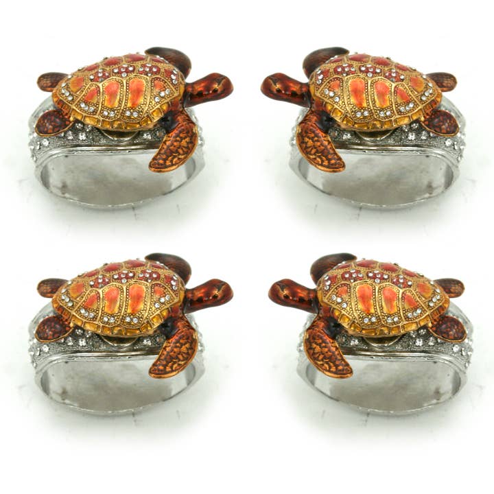 Modern Coastal by Contrast Inc. - Wholesale Napkin Ring - Pewter Jeweled Sea Turtle Napkin Rings Set of 4