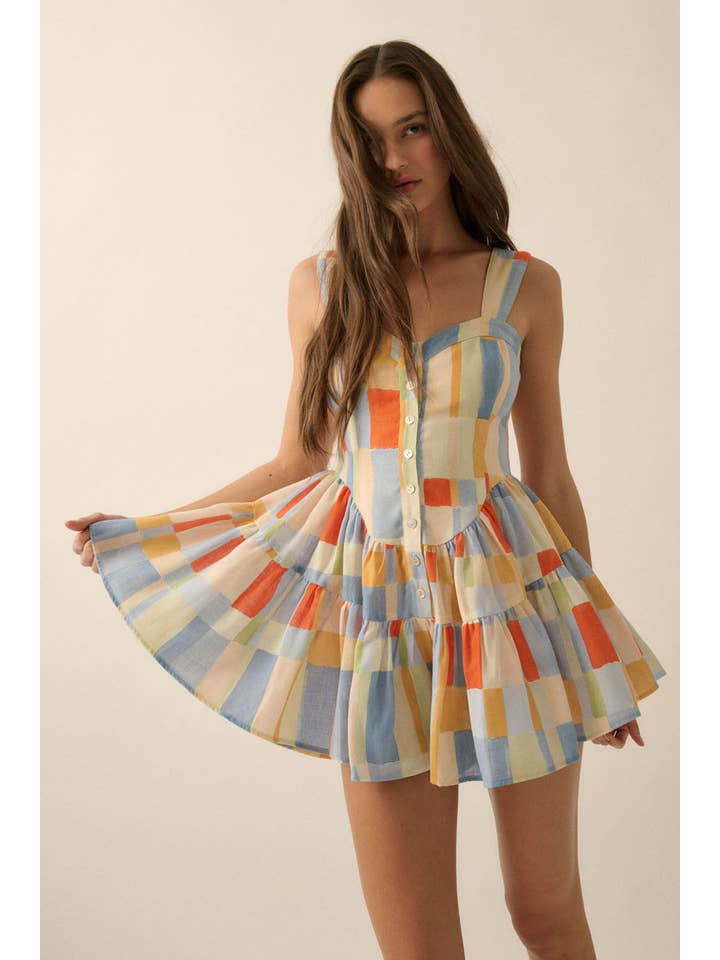 BLUE BUTTER Multicolor Check-Print Ruffled Romper Dress for wholesale on Faire