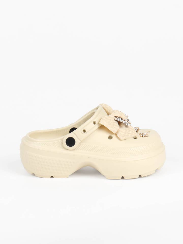 Black Women's Platform Clogs – Chunky Style with Bow and Rhinestones for wholesale on Faire7