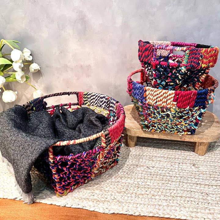 India Handicrafts Inc - Wholesale Basket - Colorful Jute Net Baskets, Set of 3