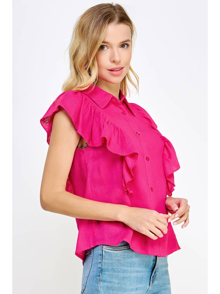 Strut & Bolt - Venta al por mayor Camisa con botones - Mujer - Blusa de lino sin mangas con volantes en los hombros1