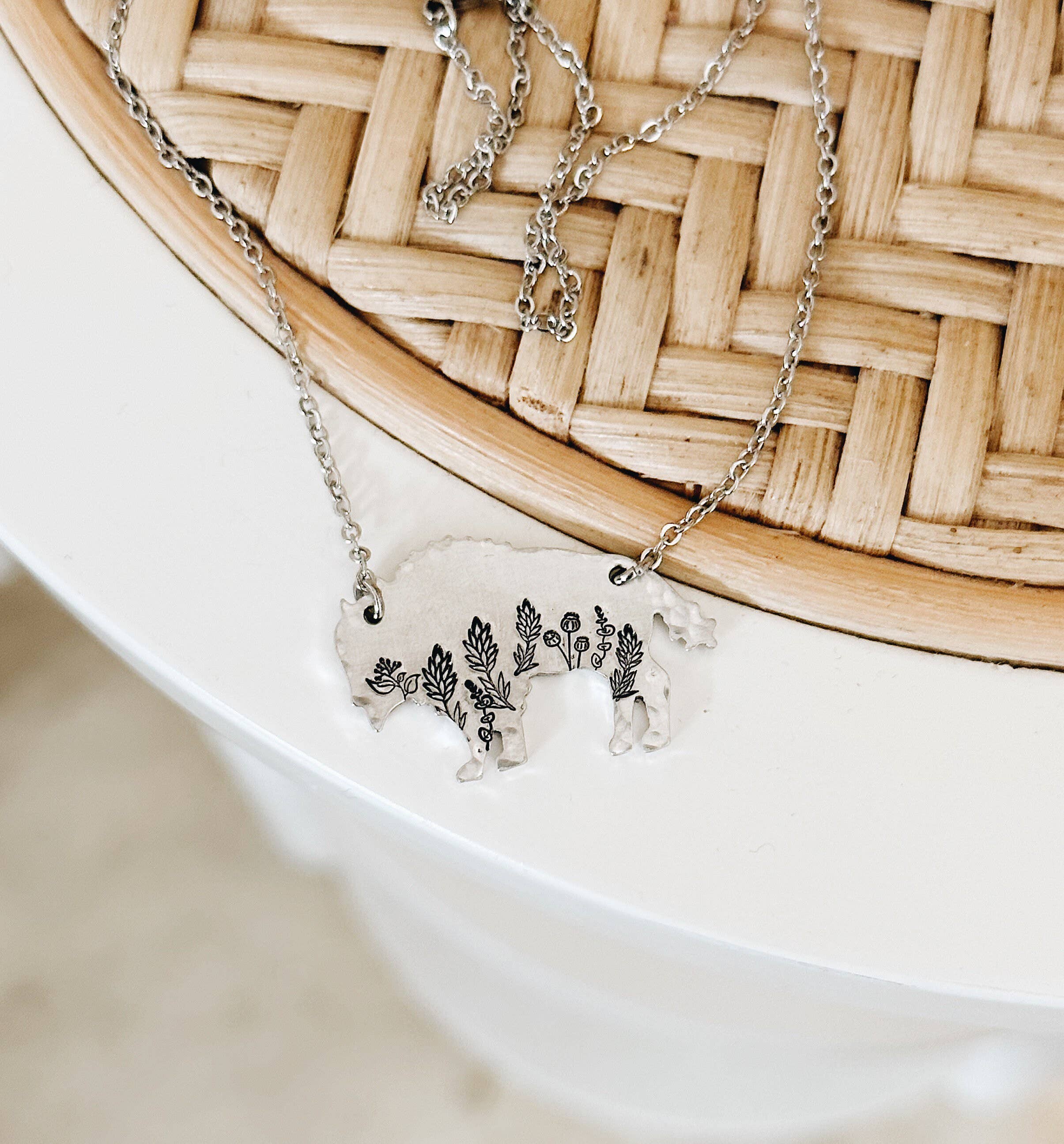 JOY IN THE MORNING - Wholesale Pendant/Charm Necklace - Botanical Bison Necklace, Buffalo, Hand Stamped Necklace3