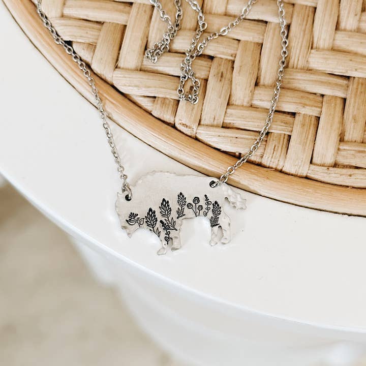 JOY IN THE MORNING - Wholesale Pendant/Charm Necklace - Botanical Bison Necklace, Buffalo, Hand Stamped Necklace3