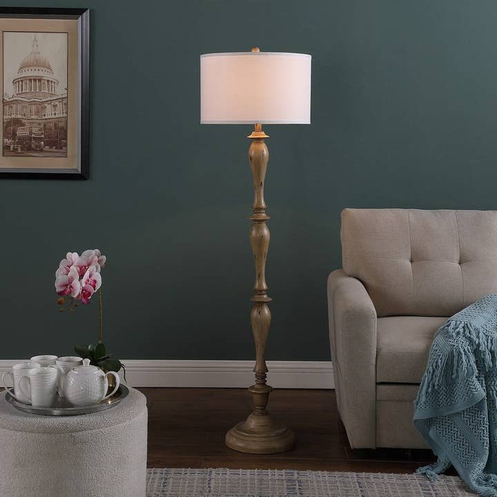 Coastal Wood Effect Floor Lamp 61.5" with Drum Shade for wholesale by HOMYCASA DESIGN INC