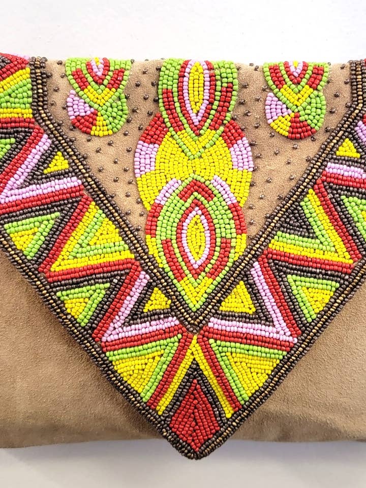 BOHEMIAN SUEDE LEATHER BEADED ENVELOPE CLUTCH for wholesale by Ricki designs