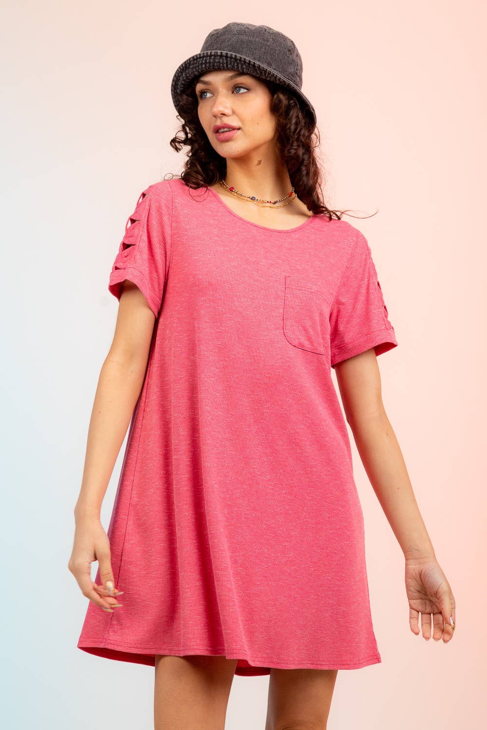 VERY J - Wholesale Dress - Women's - ND30836-Ruched Cutout Sleeve Tee Dress7