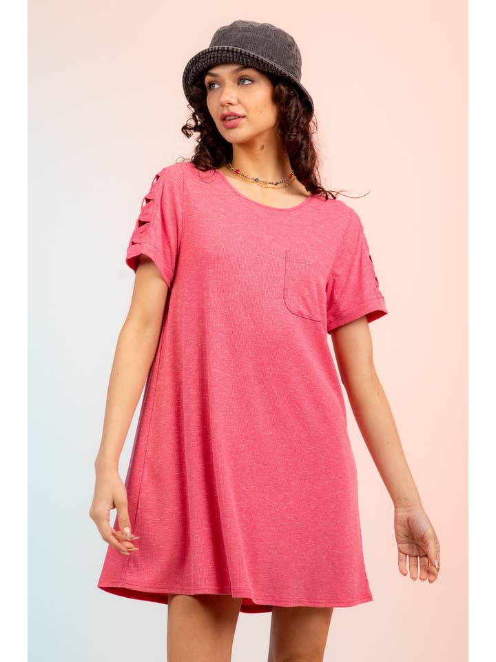 VERY J - Wholesale Dress - Women's - ND30836-Ruched Cutout Sleeve Tee Dress7