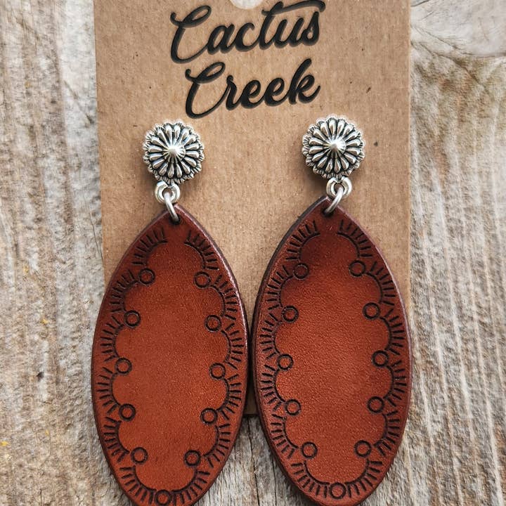"Jessie" Handmade Tooled Leather Earrings for wholesale by Cocklebur & Co.