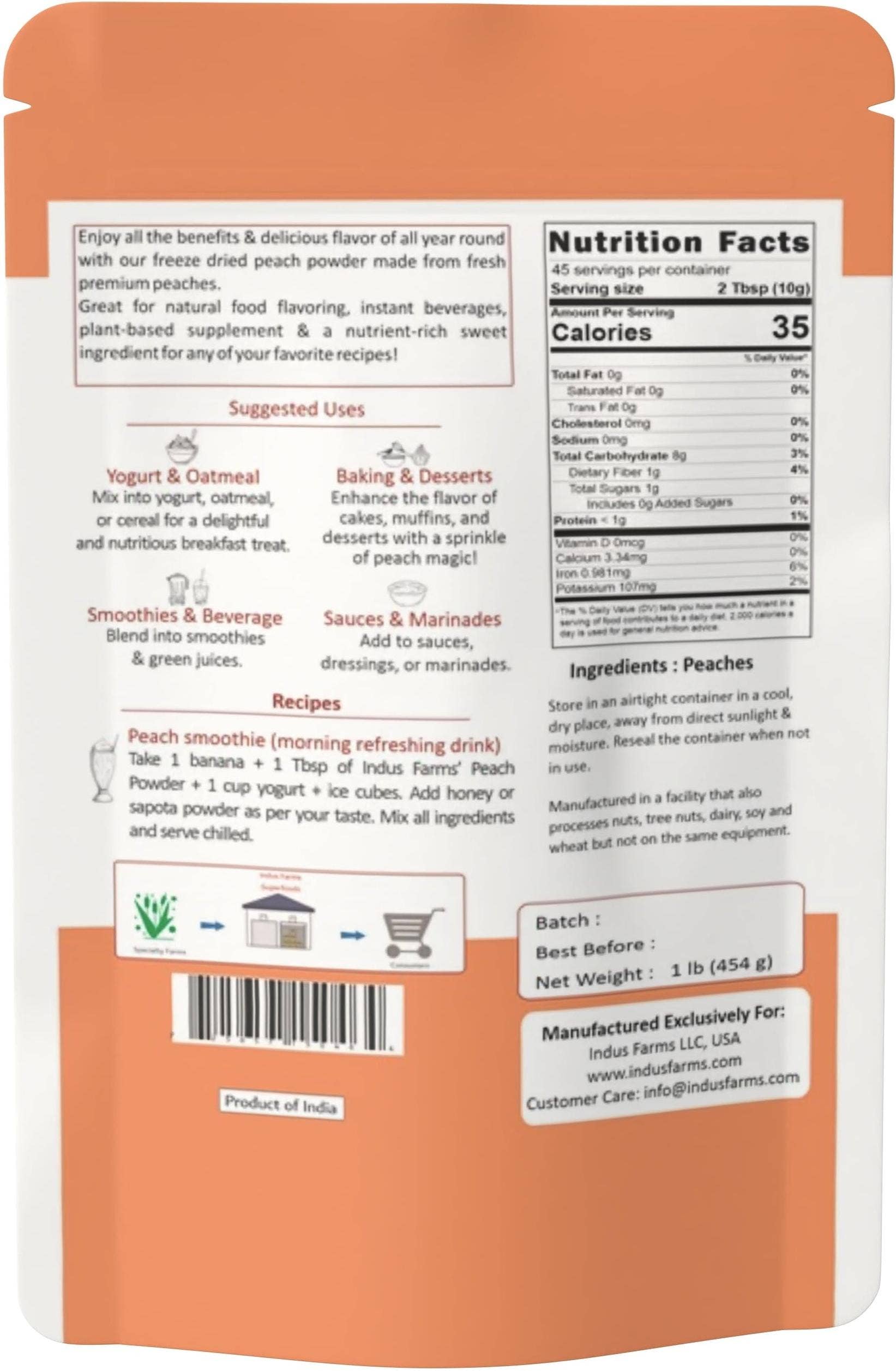 Indus Farms Superfoods – Großhandel Protein-/Superfood-Pulver – 100 % reines gefriergetrocknetes Pfirsichfruchtpulver, gentechnikfrei, vegan1