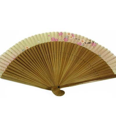 Cherry Blossom Silk & Brown Bamboo Folding Fan. #HF-74 for wholesale by World Treasure Trading