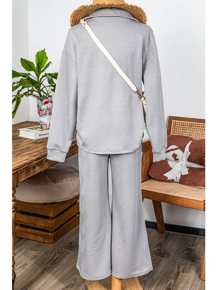 fashionworks - Wholesale Lounge Set - Women's - Fall Solid Texture Collar Top and Long Pants Set*S-2XL