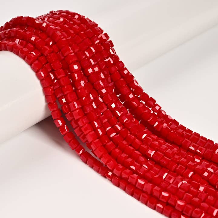 Red Crystal Glass Faceted Rubik's Cube Beads Size 4mm 15.5'' Strand for wholesale by CRCBEADS