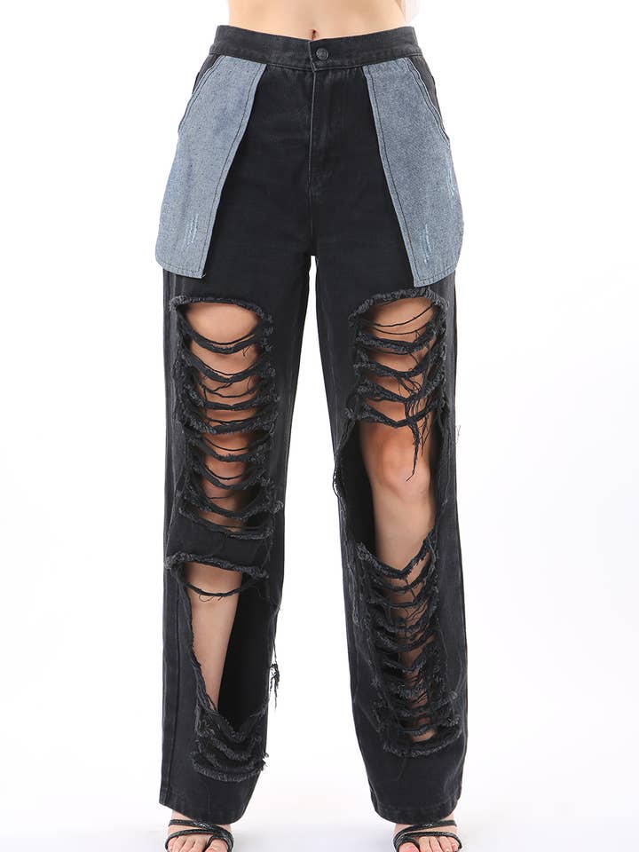 Kontrasterade utskurna jeansfickbyxor DJ7012 för wholesale av Beulah Style