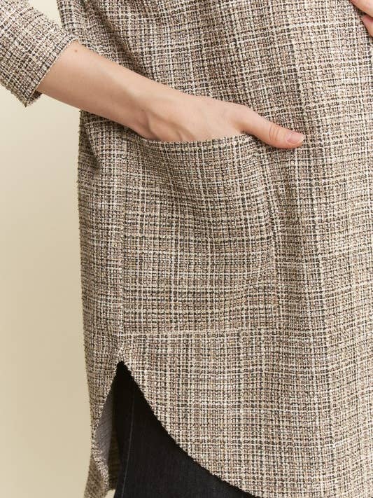 Black SJ1032-38 BOUCLE FABRIC HOODIE OPEN CARDIGAN for wholesale on Faire4