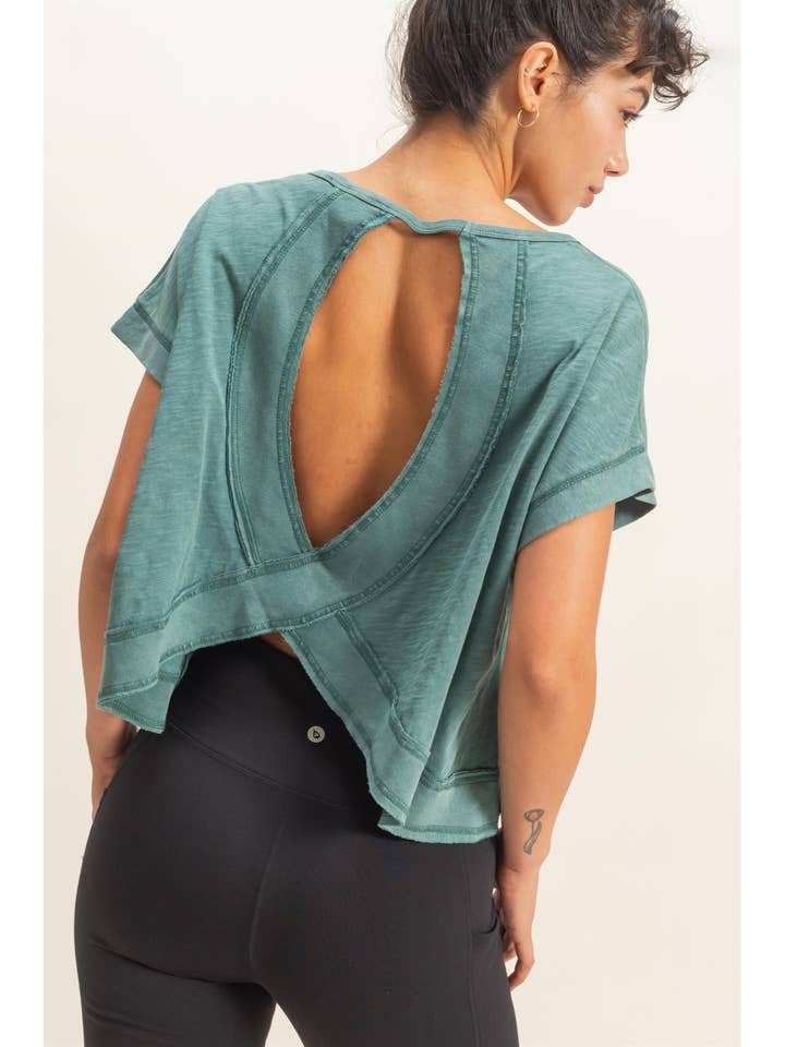 Acid Washed Cross Detail Open Back Top for wholesale by HYFVE