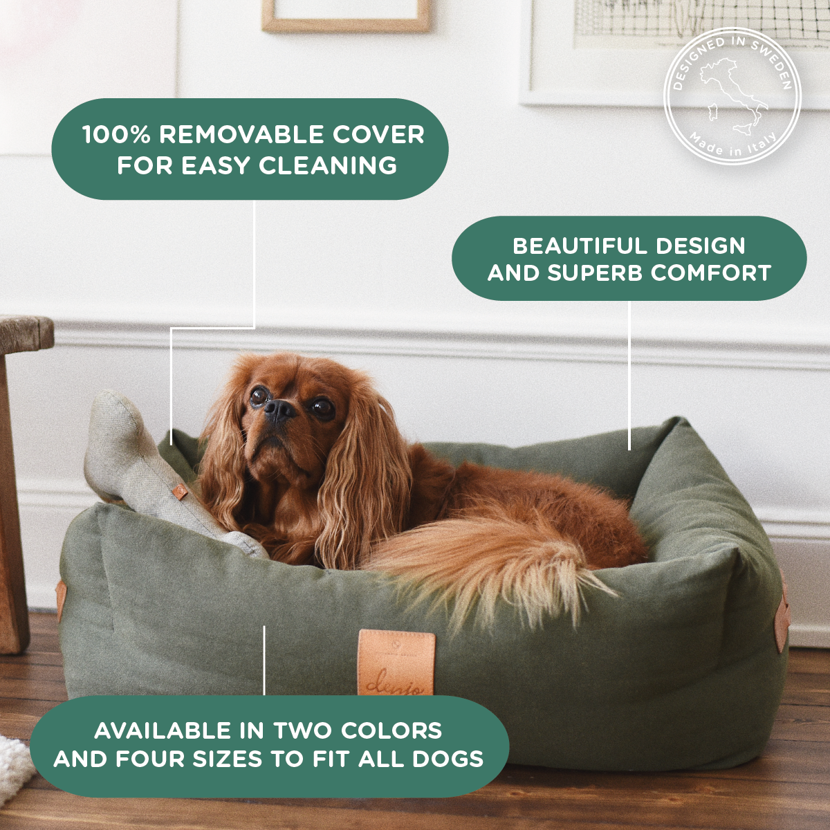 Denjo Dogs – wholesale Pet bed – Dog – Dog Bed Classic Nest with Leather Details Desert Green1