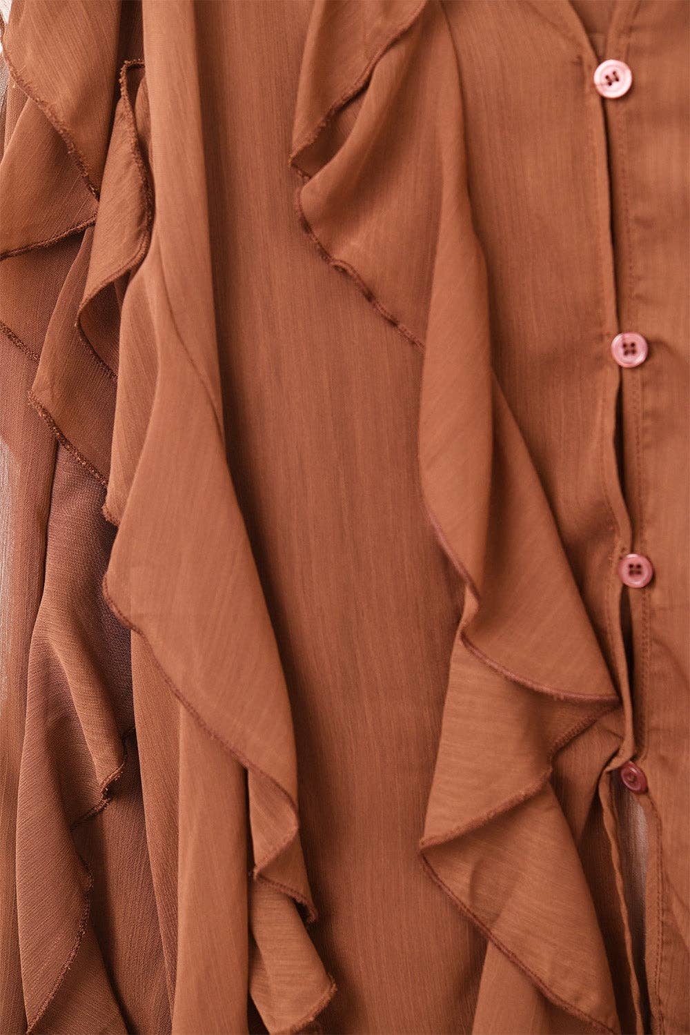 Brown V-Neck All Over Ruffle Blouse for wholesale on Faire7