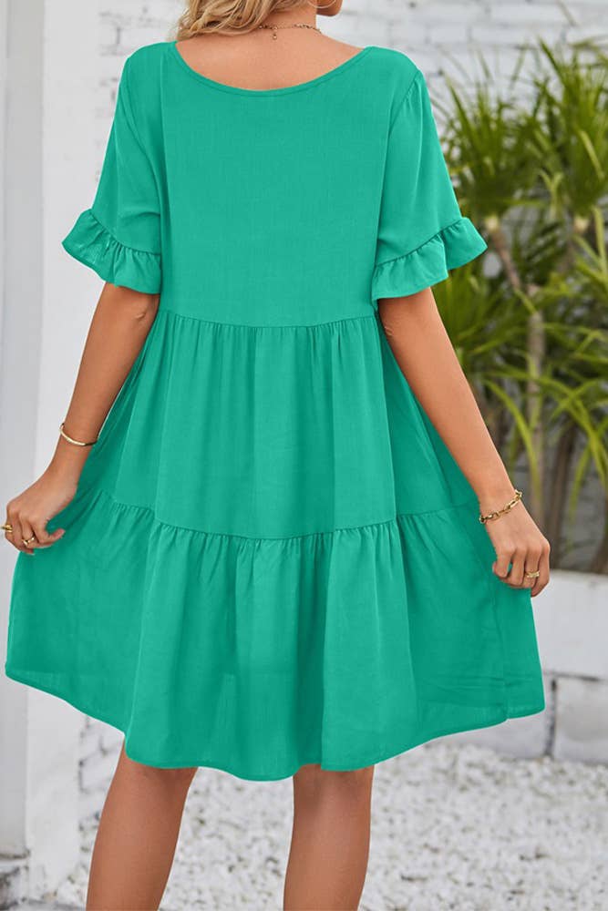 UNISHE - Vendita all'ingrosso Vestito - Donna - Abito A Balze Con Volant Con Scollo A V Semplice E Tasche MD03822