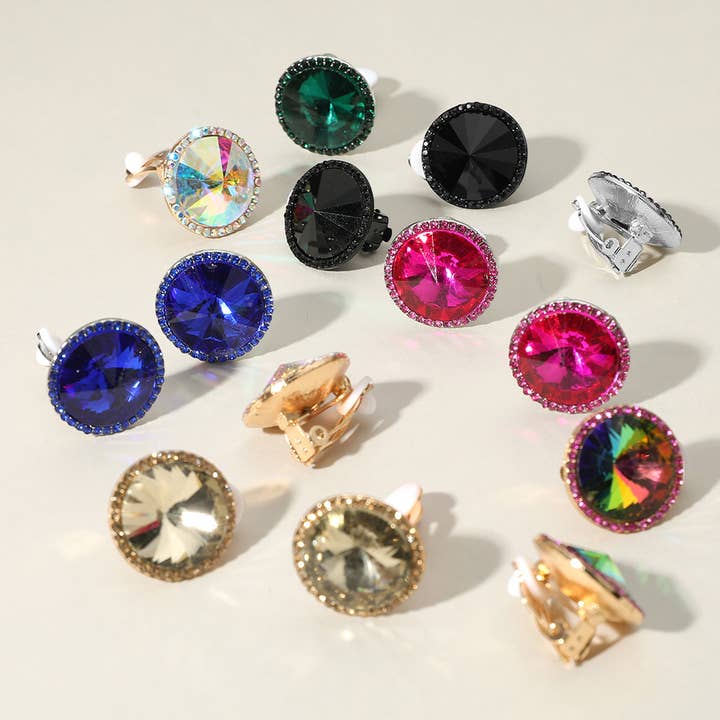 Sensibling Corp. - Wholesale Clip-On Earrings - Round Glass Stone Evening Clip On Earrings