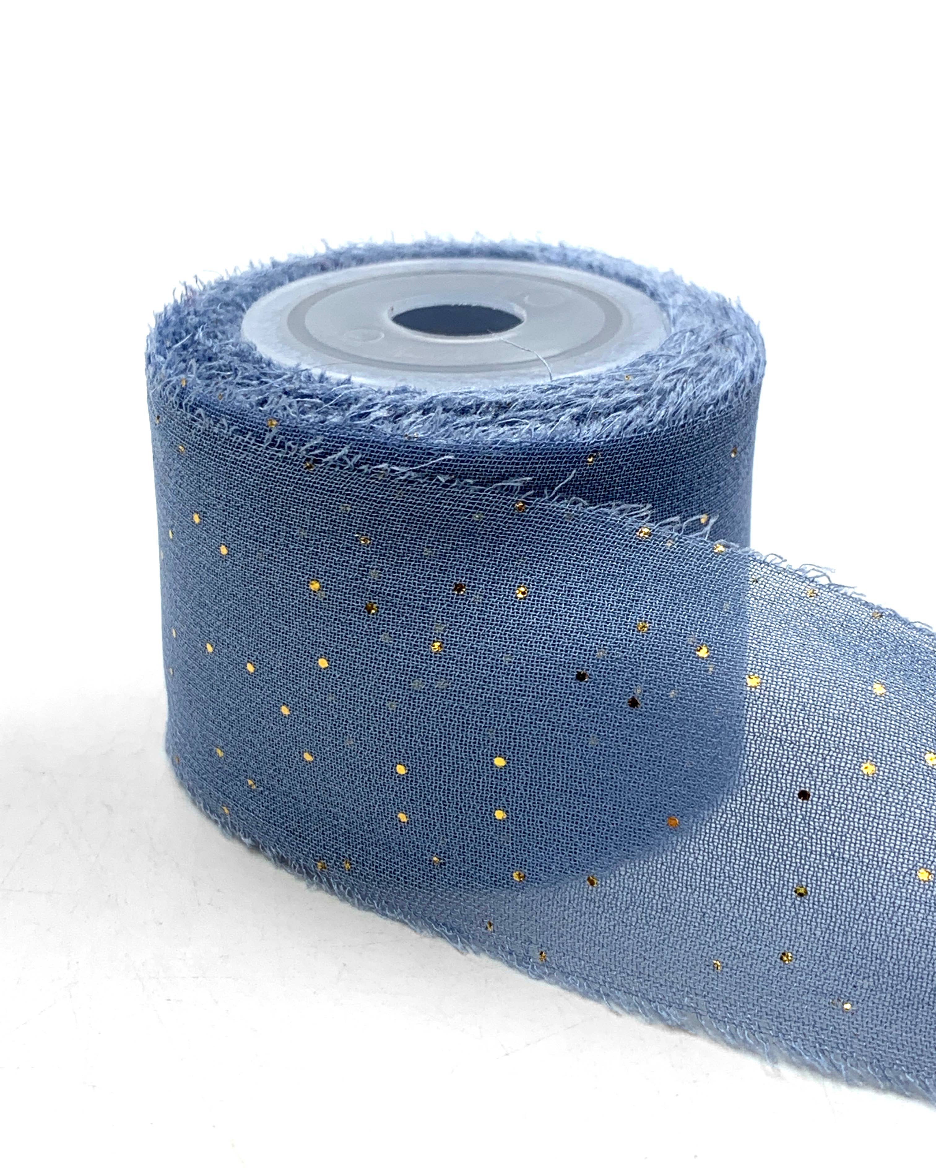 May Arts Ribbon - Wholesale Ribbon – Gift wrapping - 1.25" Blue Gray Mini Gold Metallic Dot Silk Georgette Ribbon