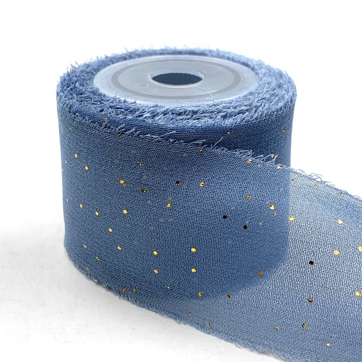 May Arts Ribbon - Wholesale Ribbon – Gift wrapping - 1.25" Blue Gray Mini Gold Metallic Dot Silk Georgette Ribbon0