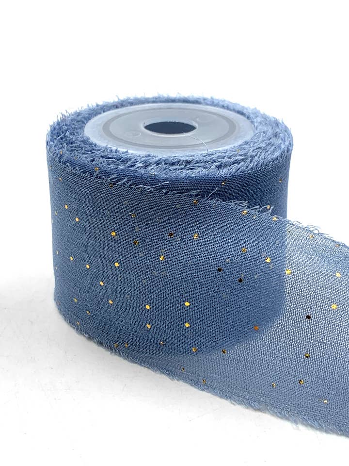 1.25" Blue Gray Mini Gold Metallic Dot Silk Georgette Ribbon for wholesale by May Arts Ribbon