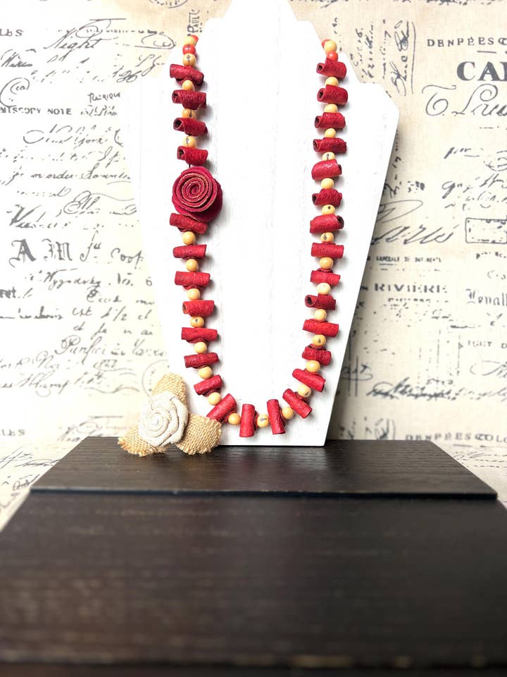 Red rose necklace Adjustable cord Handmade statement necklace Big bold chunky necklace made with orange peel and beige acai seed Lightweight for wholesale by Galapagos Tagua