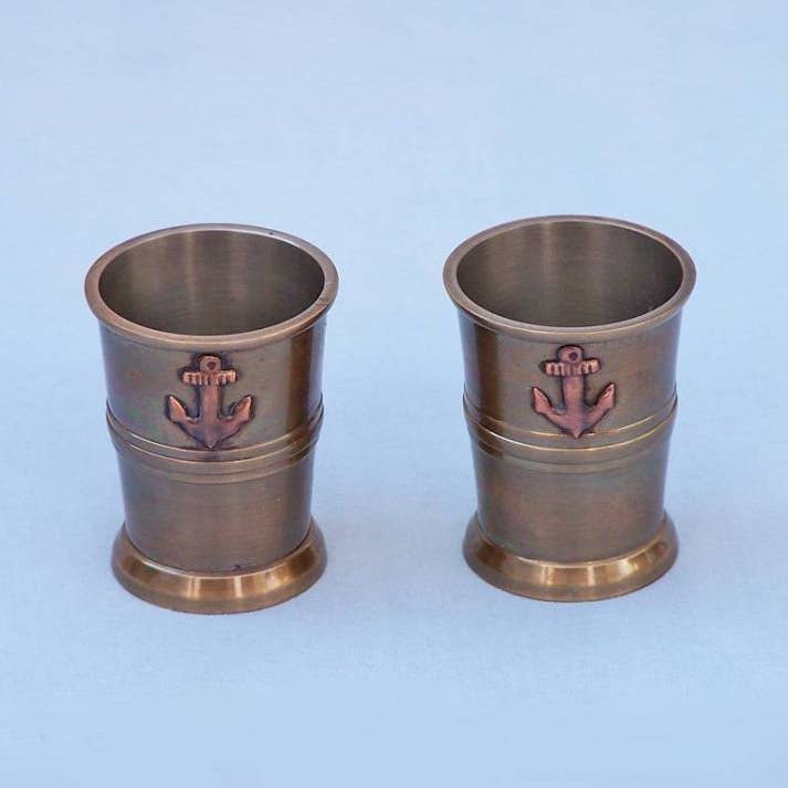 Hampton Nautical - Vendita all'ingrosso Bicchierino da liquore - Set di 2 Bicchierini con Ancora in Ottone Antico e Scatola in Legno di Rosa da 10 cm1