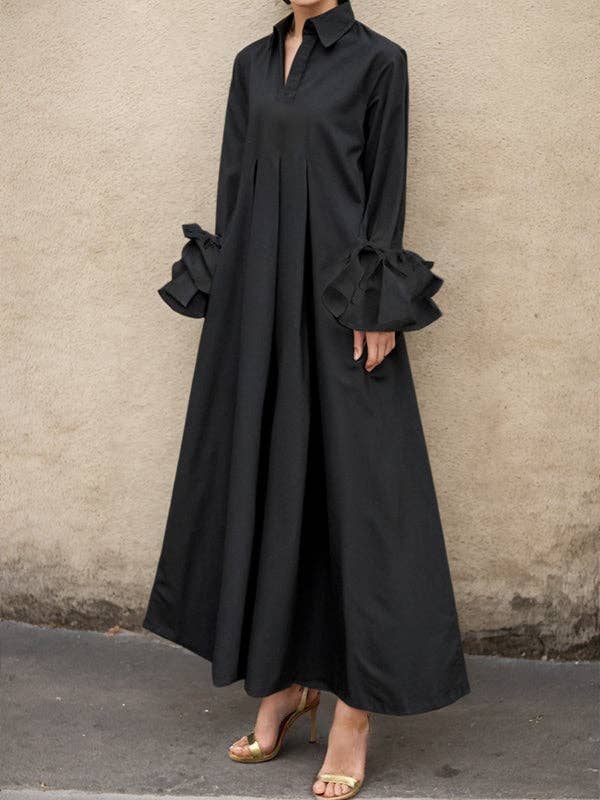 Sheer Trend - Wholesale Dress - Women's - Flared Sleeve Pleated Solid Split Lapel Shirt Dress