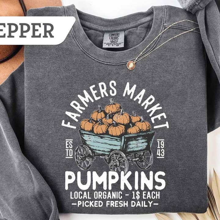 Farmers Market Pumpkins Comfort Colors Tee, Fall Sweatshirt  and other Purchase Wholesale zassy's fall market. Free Returns & Net 60 Terms on Faire trending on Faire.