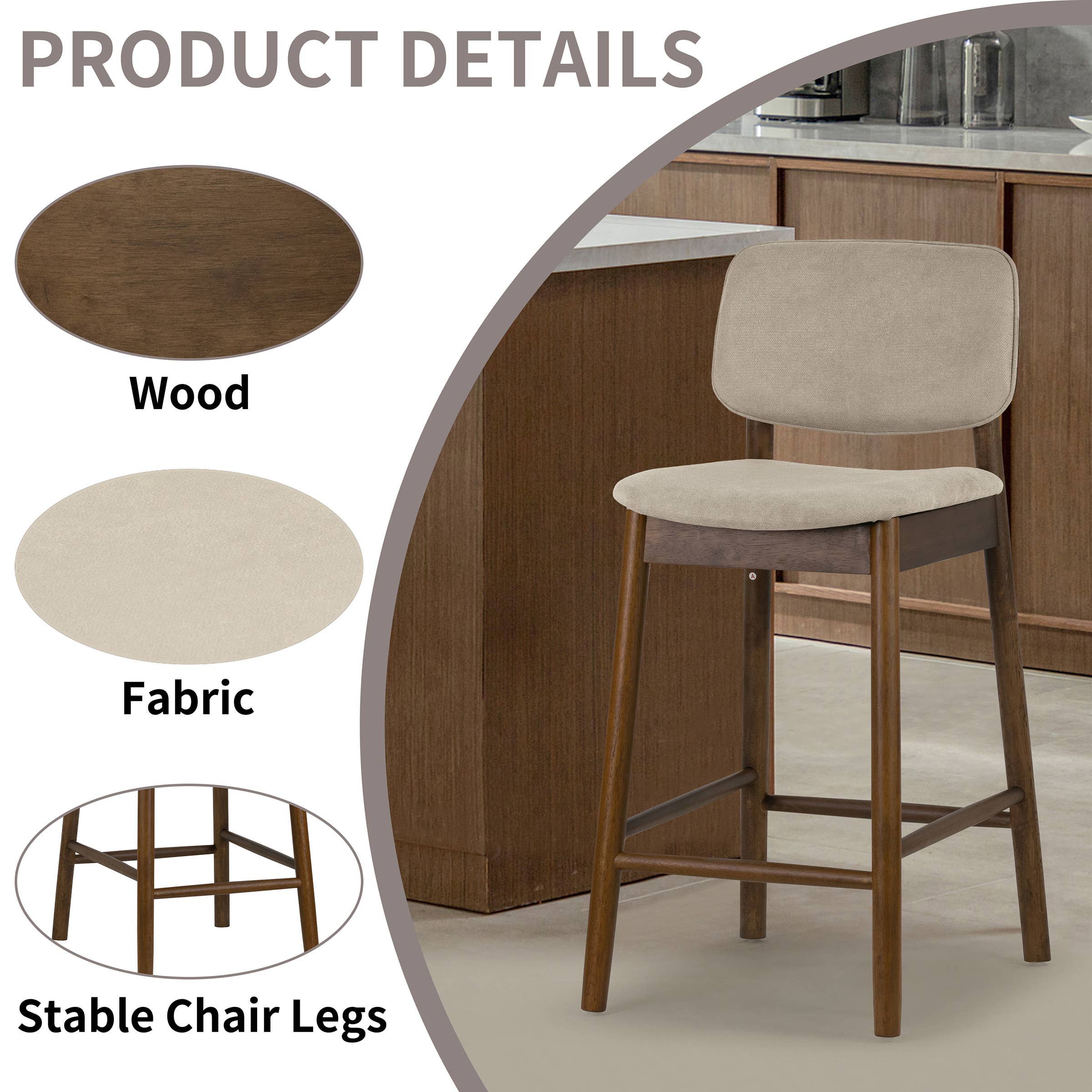 Glamour Home - Wholesale Stool - Set of 2 Azura Fabric Counter Stools with Walnut Legs9