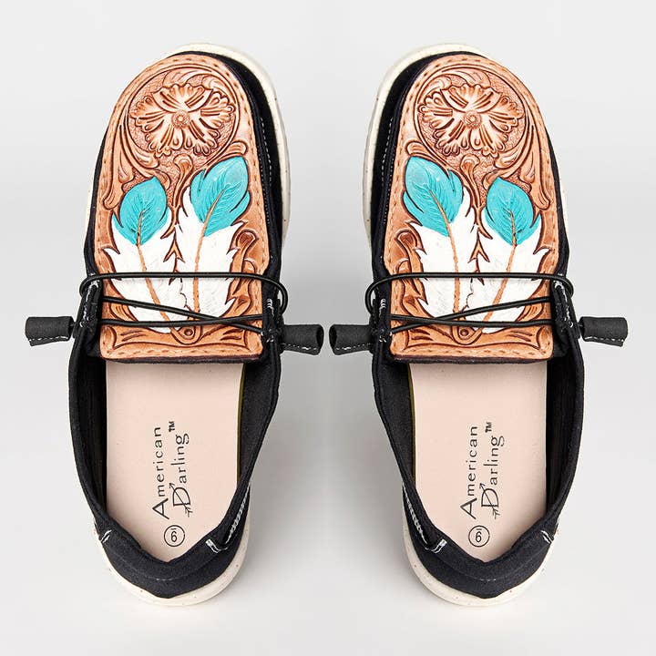 Mocassini da donna in pelle incisa a piuma LC-ADFT133BK3 - Casual occidentale slip-on per la vendita all'ingrosso da parte di LS Western