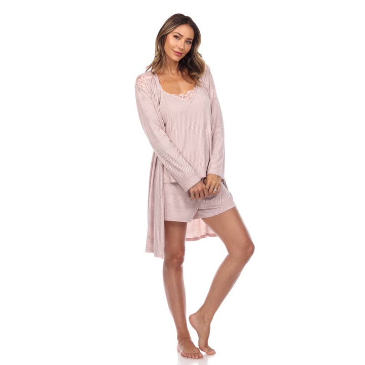 WHITE MARK - Wholesale Sleepwear Set - Women's - Women's 3-Piece Striped Pajama & Robe Set