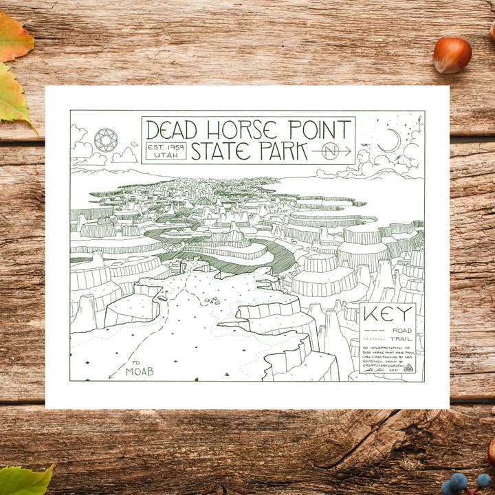 Carte du parc d'État Dead Horse - Dessinée à la main pour la vente par National Park Obsessed LLC