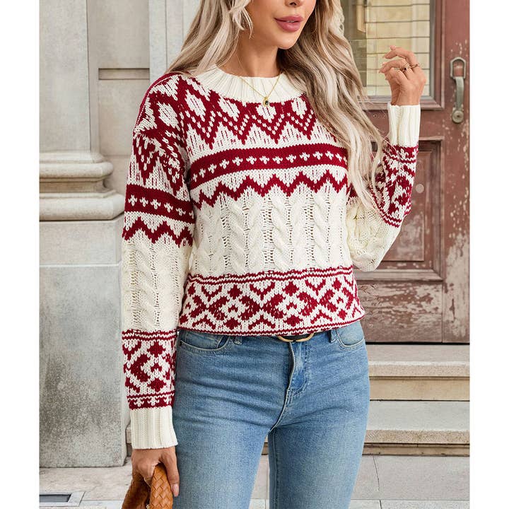 Red Ethnic Vintage Warm Round Neck Long Sleeve Sweater BFZY1726 for wholesale on Faire2